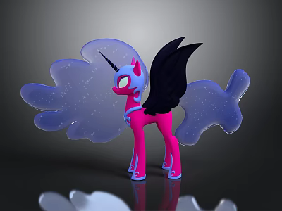 Pink Unicorn Pony With Black Wings Blue Starry Cloud Shapes And Reflection 3d model