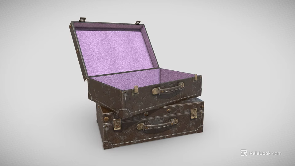 Stacked Aged Vintage Suitcases Open Top With Purple Interior Lining 3d model 