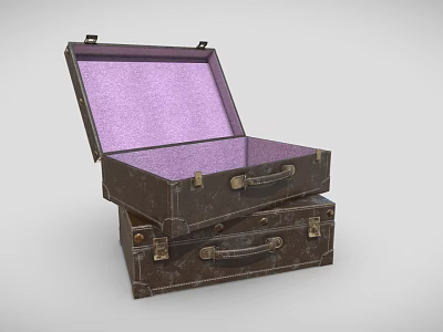 Stacked Aged Vintage Suitcases Open Top With Purple Interior Lining 3d model