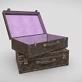 Stacked Aged Vintage Suitcases Open Top With Purple Interior Lining