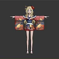 Anime Style Girl Character With Blonde Hair Red Hairpin Blue Kimono Top And Red Skirt