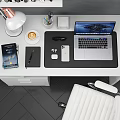 Modern Office Desk And Chair Set With Desk Lamp Laptop Bookshelf And Wall Clock