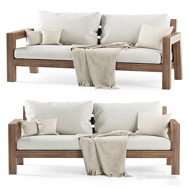 Cozy Modern Two Seater Sofa With Wooden Frame Light Cushions And Blanket 3d model 