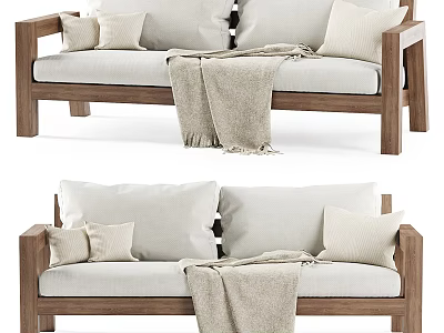 Cozy Modern Two Seater Sofa With Wooden Frame Light Cushions And Blanket 3d model