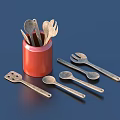 Stainless Steel Kitchen Utensil Set with Red Canister Spoons Forks Slotted and Serving Tools