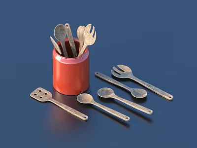 Stainless Steel Kitchen Utensil Set with Red Canister Spoons Forks Slotted and Serving Tools 3d model