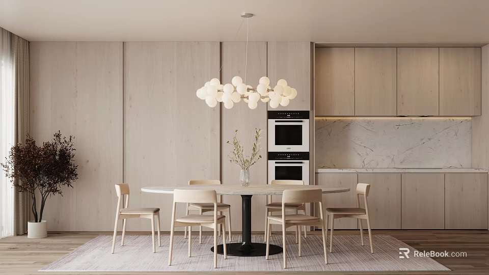 Modern Restaurant Interior With Open Kitchen Dining Table Chairs Pendant Light And Marble Countertop 3d model 