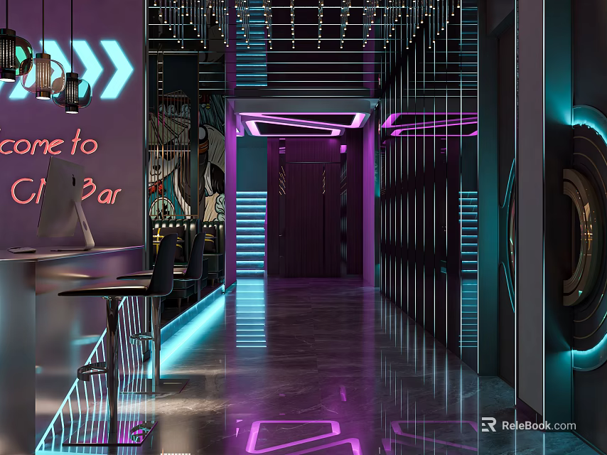 Modern KTV Corridor with Neon Purple Blue Lights Bar Counter and Stylish Design 3d model 