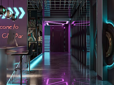Modern KTV Corridor with Neon Purple Blue Lights Bar Counter and Stylish Design 3d model