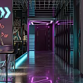 Modern KTV Corridor with Neon Purple Blue Lights Bar Counter and Stylish Design