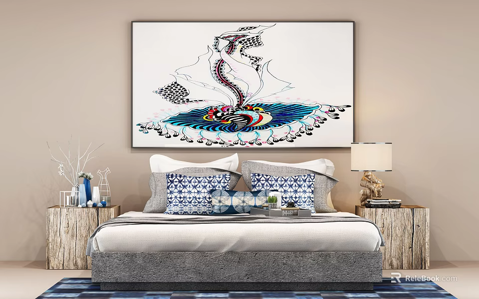Double Bed with Blue and White Pillows Abstract Painting Above Wooden Nightstands and Table Lamp 3d model 