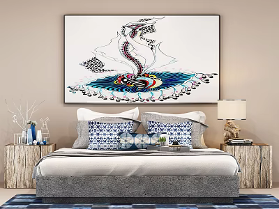 Double Bed with Blue and White Pillows Abstract Painting Above Wooden Nightstands and Table Lamp 3d model