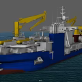 Work Vessel With Blue White Hull Yellow Cranes and Deck Equipment 3d model