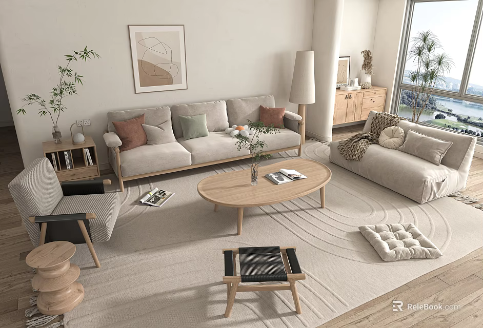 Beige Sofa And Wooden Coffee Table Set With Pillows Vase Magazines In Modern Living Room 3d model 