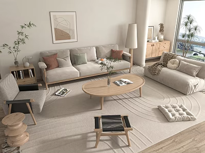 Beige Sofa And Wooden Coffee Table Set With Pillows Vase Magazines In Modern Living Room 3d model