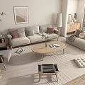 Beige Sofa And Wooden Coffee Table Set With Pillows Vase Magazines In Modern Living Room