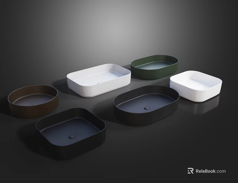 Modern Washbasins With Diverse Shapes And Colors On Dark Display Surface 3d model 