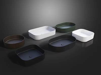 Modern Washbasins With Diverse Shapes And Colors On Dark Display Surface 3d model
