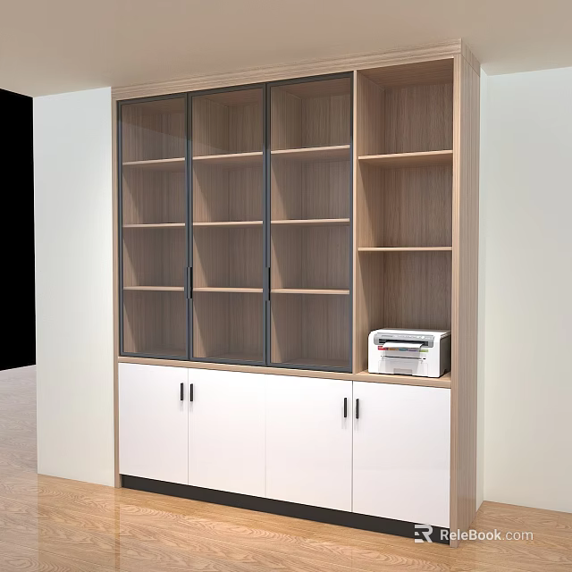Modern Wooden Bookcase With Glass Doors And White Lower Cabinets And Printer On Shelf 3d model 
