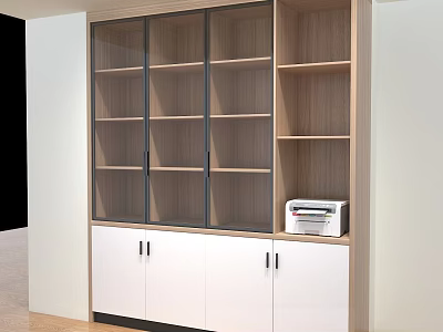 Modern Wooden Bookcase With Glass Doors And White Lower Cabinets And Printer On Shelf 3d model