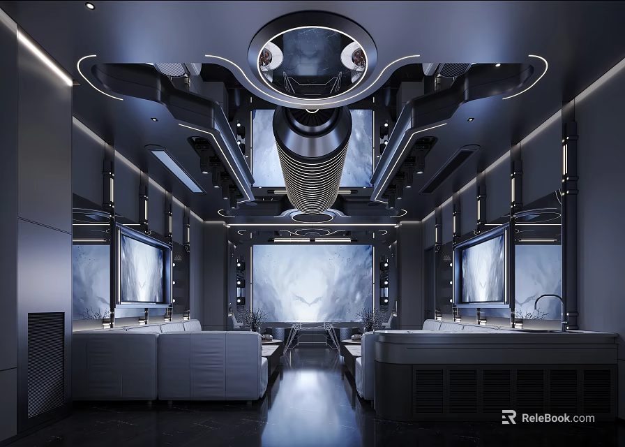 Modern Hi Tech KTV Room Interior With Sofas And Large Screens 3d model 