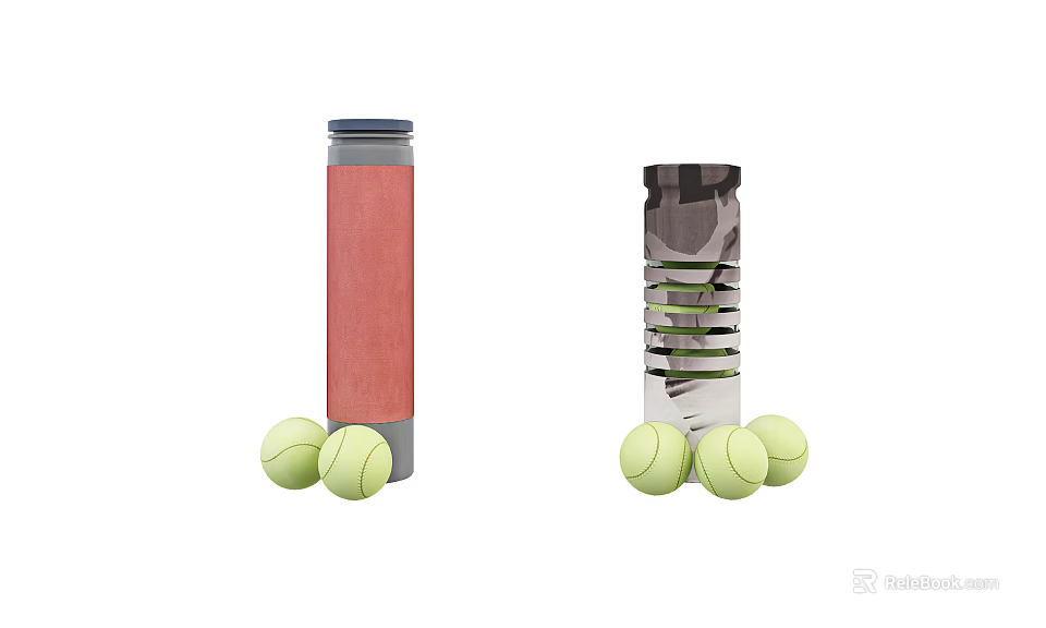 Sports Equipment Set with Red and Camouflage Storage Containers and Yellow Tennis Balls 3d model 