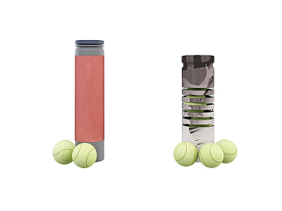 Sports Equipment Set with Red and Camouflage Storage Containers and Yellow Tennis Balls 3d model