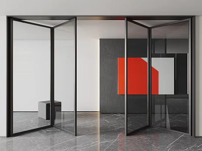 Modern Glass Folding Doors in Interior Space with Marble Floor and Red Artwork 3d model