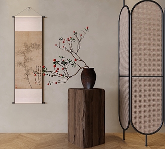 Chinese-style Rattan Screen Partition Movable Foldable Screen 3d model