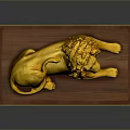 Ornate Golden Lion Statue Lying On Polished Wooden Base Decorative Art Piece