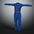 Blue Military Style Uniform Suit With Long Sleeves Buttons Brown Belt Pockets And Epaulets