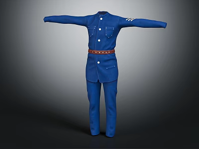 Blue Military Style Uniform Suit With Long Sleeves Buttons Brown Belt Pockets And Epaulets 3d model