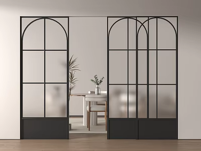 Modern Black Metal Arched Sliding Doors With Frosted Glass For Interior Partition In Dining Area 3d model