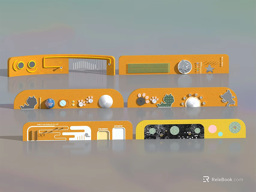 Orange Feature Wall Designs With Cat Silhouettes Circular Patterns And Decorative Elements 3d model