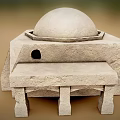 Whimsical Cartoon Stone Building Scene With Dome Square Structure Bench Door And Windows