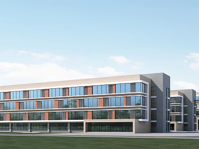 Multi story Modern School Building Exterior With Glass Curtain Wall And Lawn Under Blue Sky 3d model