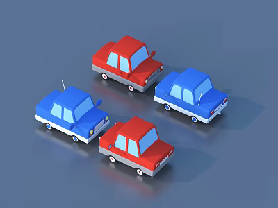 Cartoon Style Toy Cars in Red and Blue Colors on Gray Surface 3d model