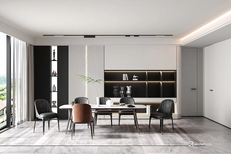 Modern Restaurant Interior With Dining Table Black Chairs And Pendant Lighting Decor 3d model 