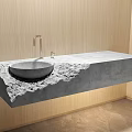 Modern Wall Mounted Concrete Washbasin With Golden Faucet Textured Edge And Wooden Backdrop
