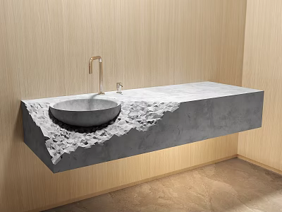 Modern Wall Mounted Concrete Washbasin With Golden Faucet Textured Edge And Wooden Backdrop 3d model