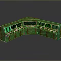 Green L shaped Control Console with Multiple Displays Cabinets and Reflective Surface