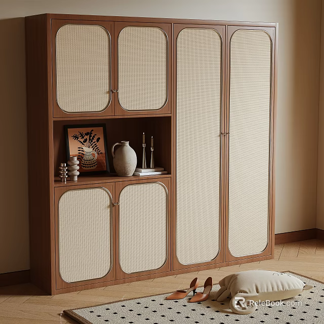 Wooden Shoe Cabinet With Rattan Doors And Open Compartment For Decorative Items 3d model 