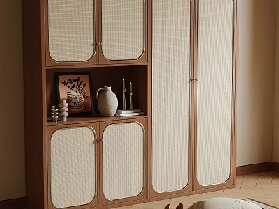 Wooden Shoe Cabinet With Rattan Doors And Open Compartment For Decorative Items 3d model