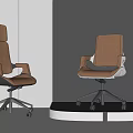 Two Modern Brown Office Chairs Featuring Ergonomic Armrests Metal Swivel Base In Minimalist Interior