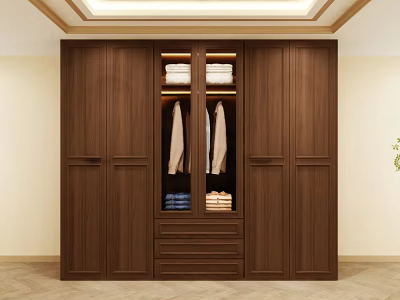 Modern Wooden Wardrobe With Glass Door Hanging Clothing Folded Clothes And Drawers 3d model