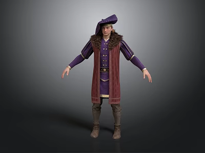 Traditional Purple Red Clothing Outfit With Hat Long Coat And Boots 3d model