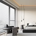Modern Bedroom Interior Design With Round Art Pendant Lights Floor to Ceiling Windows And Blinds