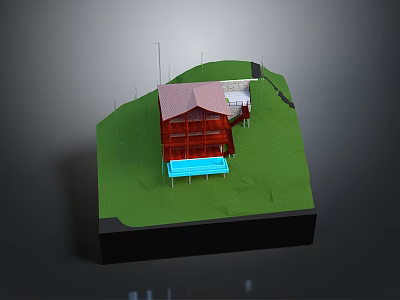 Detached Villa With Red Roof Blue Swimming Pool And Green Lawn On Hilly Terrain 3d model