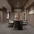 Elegant Modern Private Dining Room With Round Table Chairs Pendant Light And Wall Painting