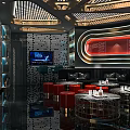 Modern KTV Interior Design With Neon Lights Sofa Seating Round Tables And TV Screens